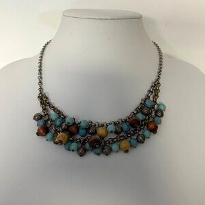 NY Faux Turquoise Beaded Necklace Brown Wood and Metal Beads Boho Southwestern